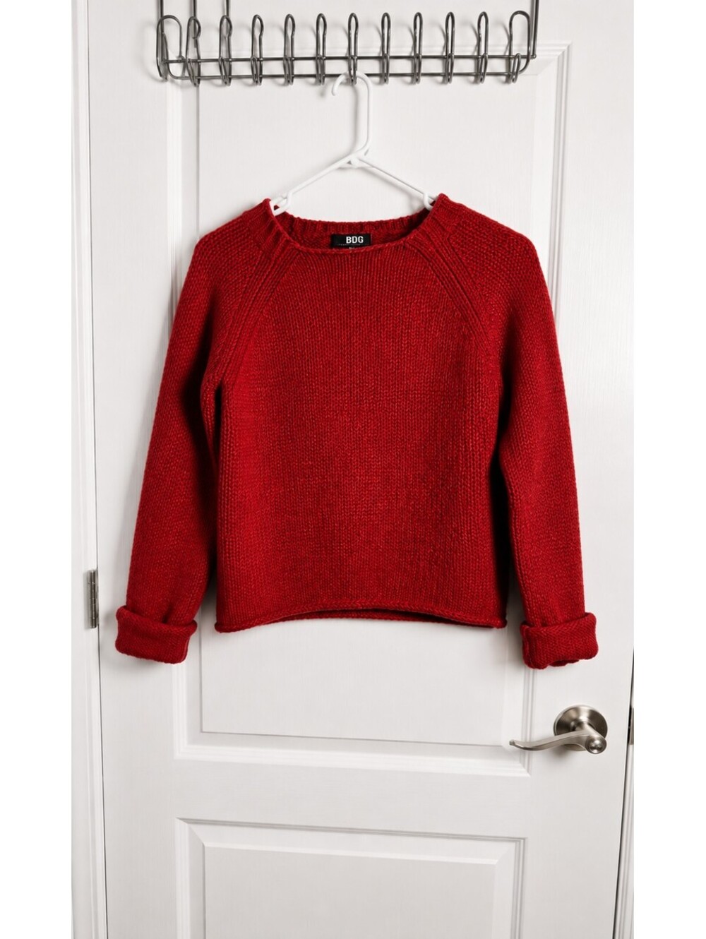 DKNY Womenβs L Red 100% Lambswool Knit Sweater Raglan Long Sleeve